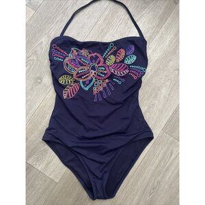 Anne Cole Swimsuit One Piece Size 10 Colorful Embroidery Navy Blue